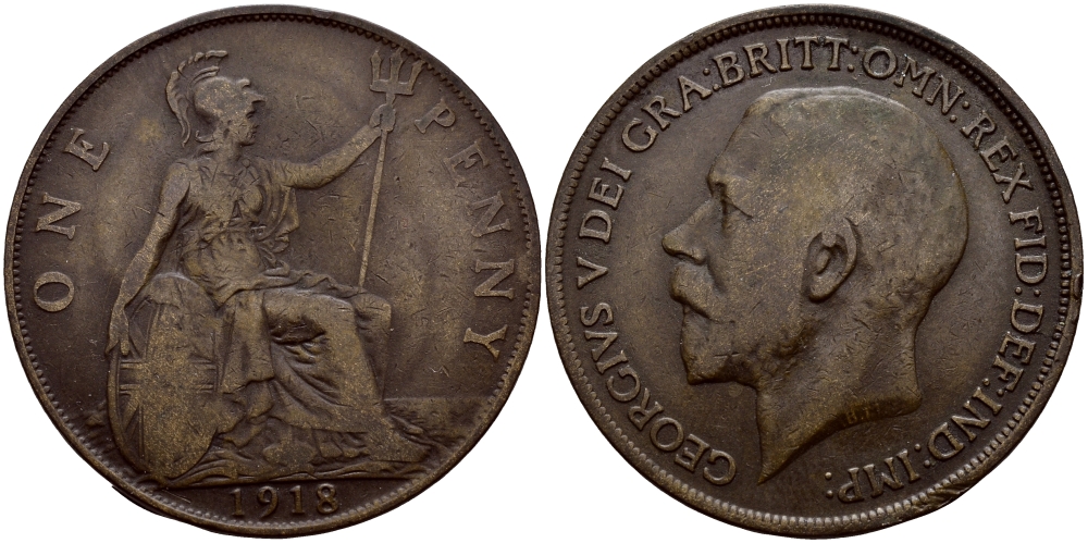 Великобритания 1 пенни 1918 Георг V (1910-1936) KM 810, Spink 4051 бронза 08-722