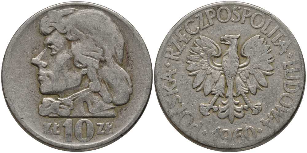 ПОЛЬША 10 ЗЛОТЫХ 1960 MW, КОСТЮШКО KM 50 медно-никель 180-211