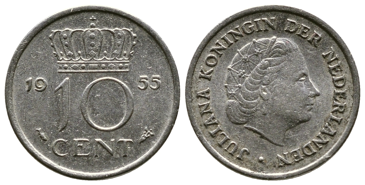 Нидерланды 10 центов 1955 Юлиана (1949-1980) KM 182 никель 261-623