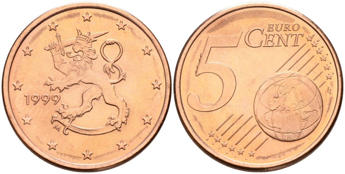 Финляндия 5 евроцентов 1999 KM 100 сталь плакированная медью UNC 4596-924