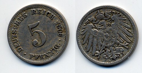 ГЕРМАНИЯ 5 ПФЕННИГОВ 1906 E, KM 11, J. 12 медно-никель 76-234