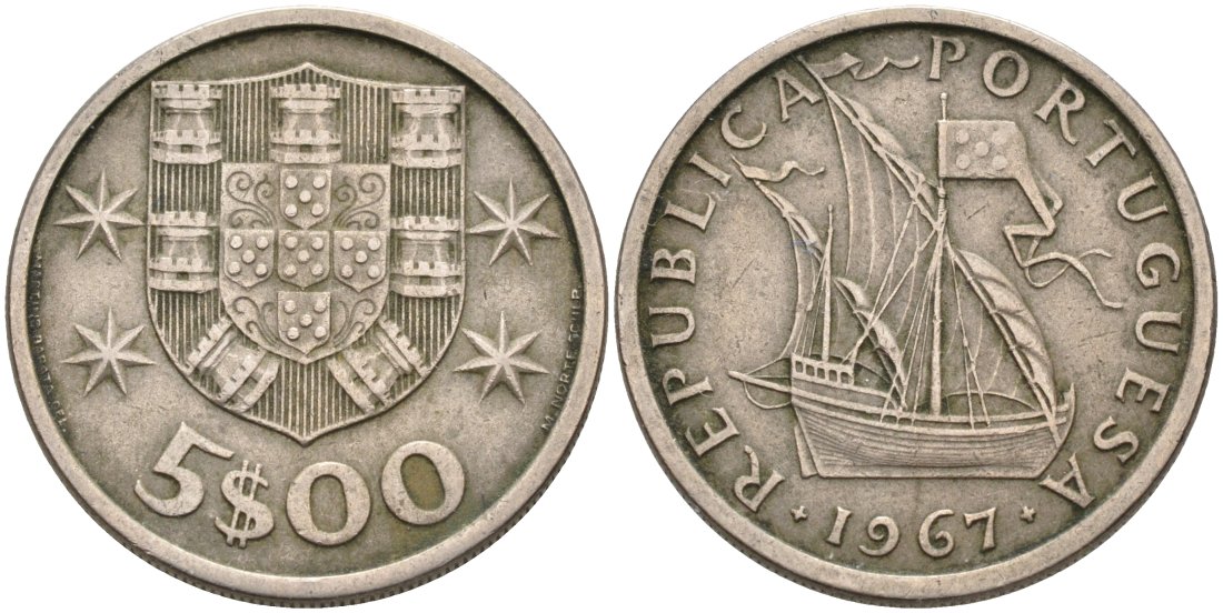 Португалия 5 эскудо 1967 парусник KM 591 медно-никель 4571-951