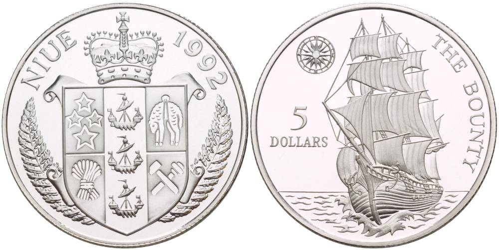 Ниуэ 5 долларов 1992 парусник Баунти, один их кораблей Джеймса Кука KM 55 серебро PROOF 1087-7-73