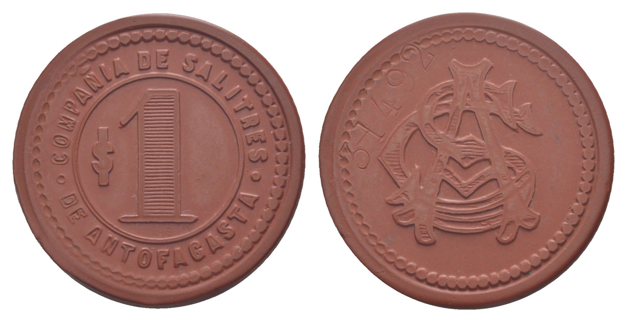 Чили, Антофагаста (Antofagasta) шахтерский жетон с Селитряного рудника для покупки в местных магазинах, номиналом в 1 песо около 1904 диаметр 34,5 мм, вес 3,75 гр Espinosa 22.6 эбонит (красный) 1094-11-24