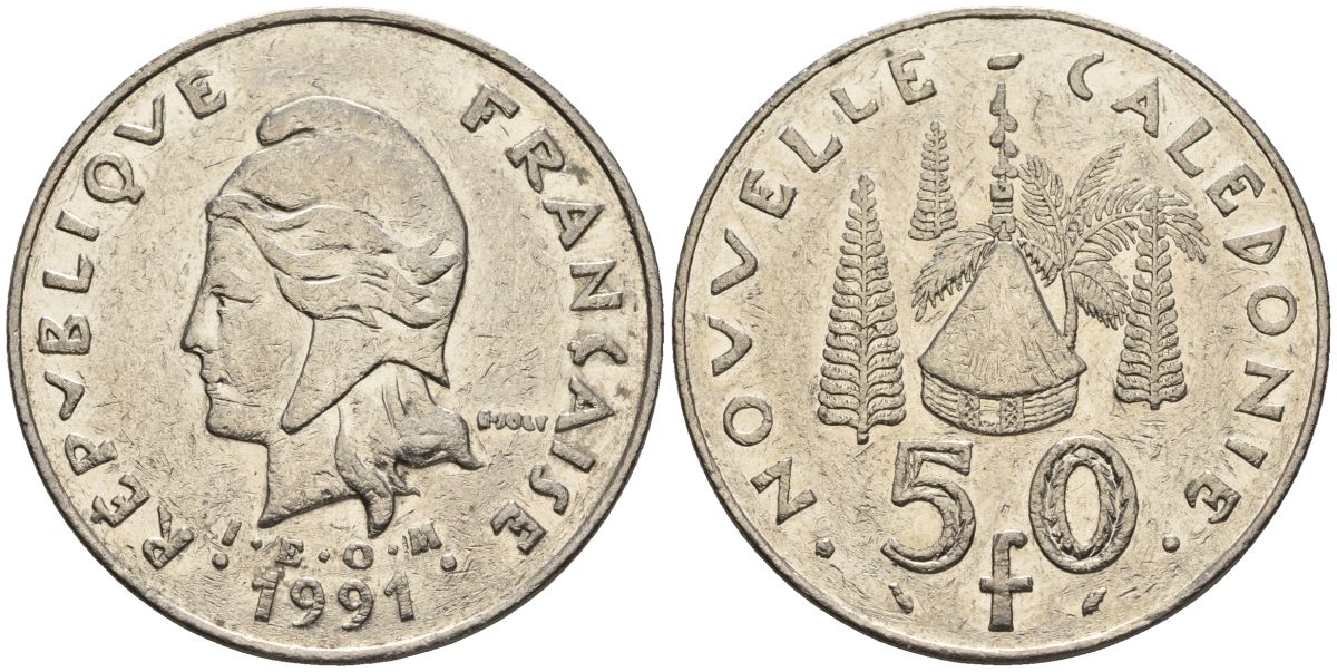 Французская Новая Каледония 50 франков 1991 хижина среди сосен и пальм, (IEOM) KM 13, Schoen 15, Lec 121 никель 4123-125