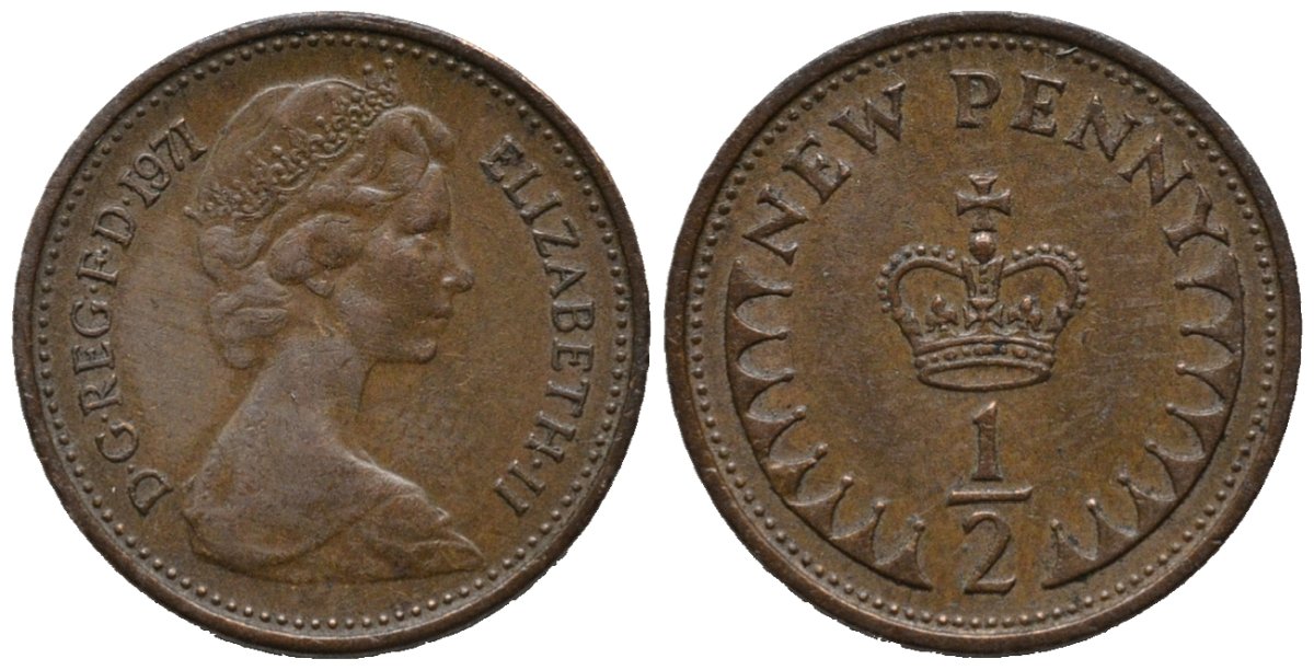 Великобритания 1/2 пенни 1971 Елизавета II (1952-2022) KM 914, Spink 4239 бронза 192-264