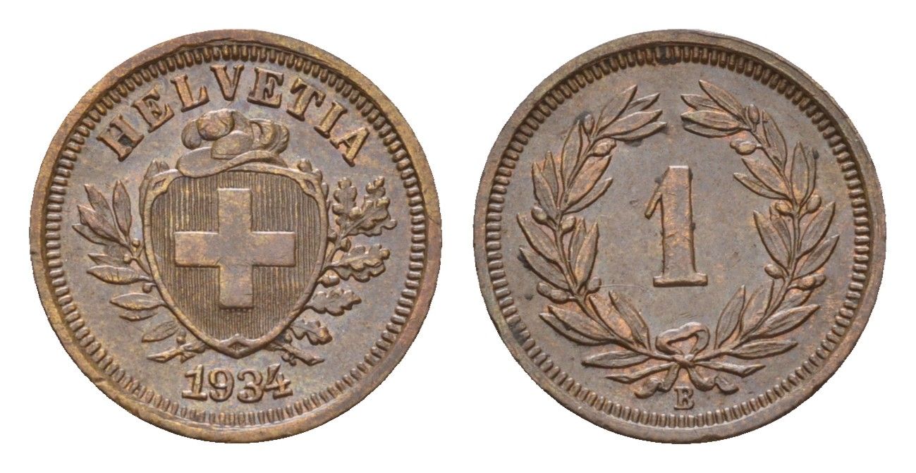 Швейцария 1 раппен 1934 B KM 3.2 бронза 46-611