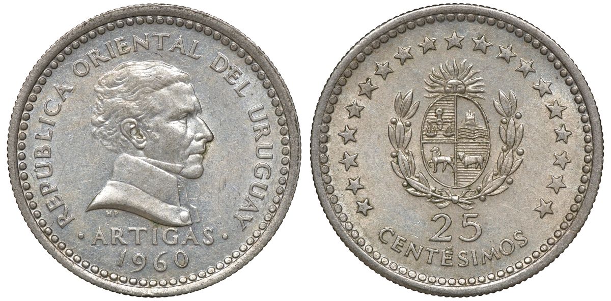 Уругвай 25 сентесимо 1960 KM 40 медно-никель 4169-1037