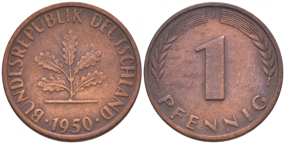 ФРГ 1 ПФЕННИГ 1950 J KM 105, J. 380 сталь плакированная медью 4547-1128