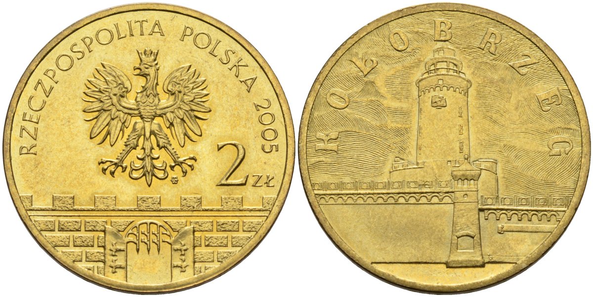 Польша 2 злотых 2005 MW, серия польские города, Колобжег (Kolobrzeg) KM 528, Parchimowicz 957 латунь 4539-527