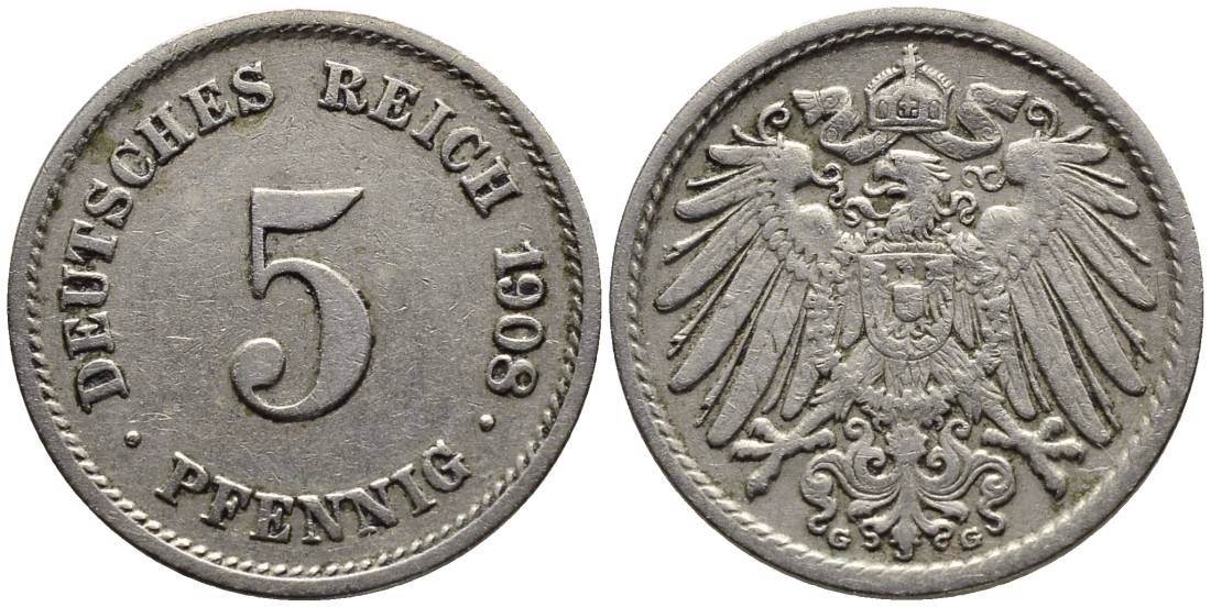 Германия 5 пфеннигов 1908 G KM 11, Jager 12, Weege 6 медно-никель 4547-468