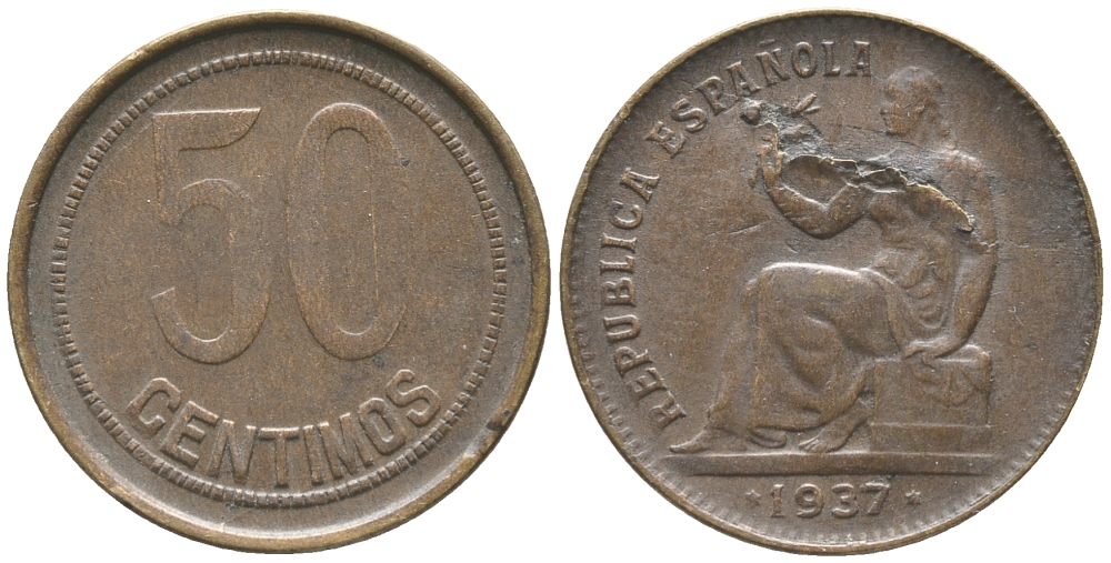 ИСПАНИЯ 50 СЕНТИМО 1937 ОТСЛОЕНИЕ ЗАГОТОВКИ KM 754.1 медь 34-323