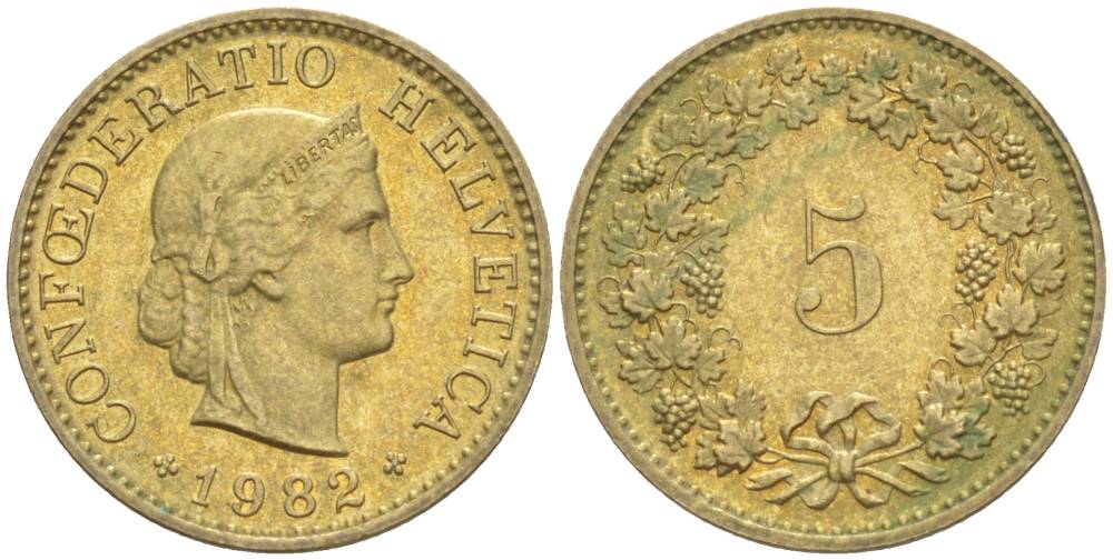Швейцария 5 раппенов 1982 KM 26с алюминий латунь 105-737