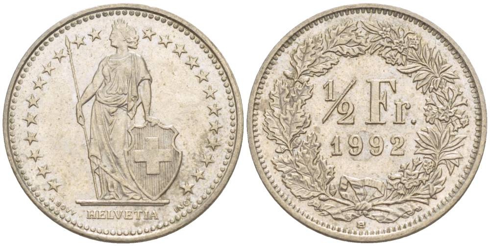 ШВЕЙЦАРИЯ 1/2 ФРАНКА 1992 В KM 23а.3 медно-никель 4532-1061