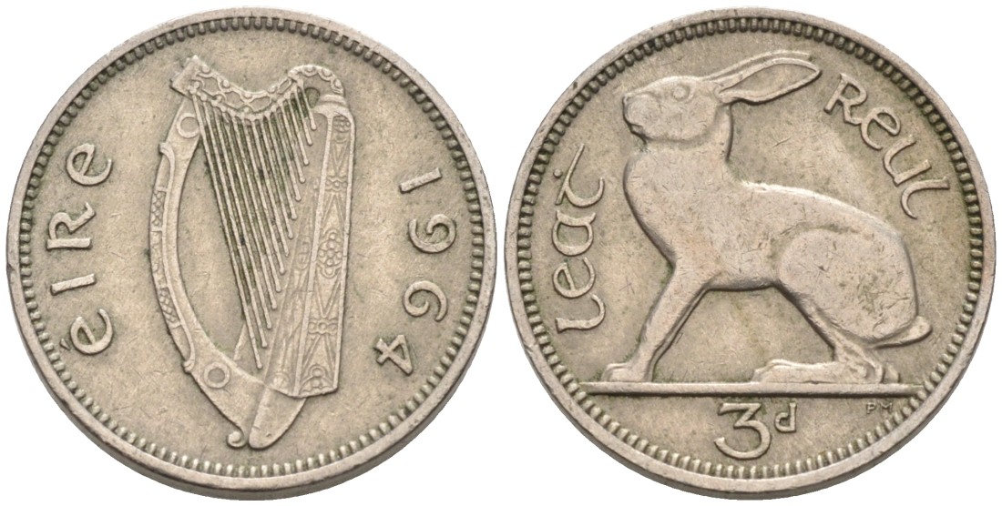 Ирландия 3 пенса 1964 заяц KM 12а медно-никель 92-235
