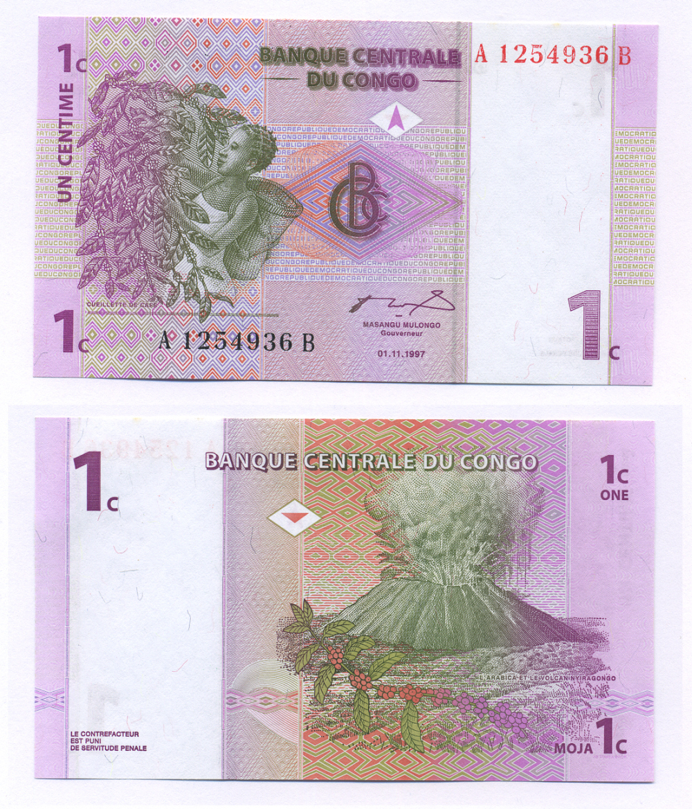 ДР Конго 1 сантим 1997 вулкан, сбор кофе Pick 80 a бумага UNC (пресс) 448-2-2