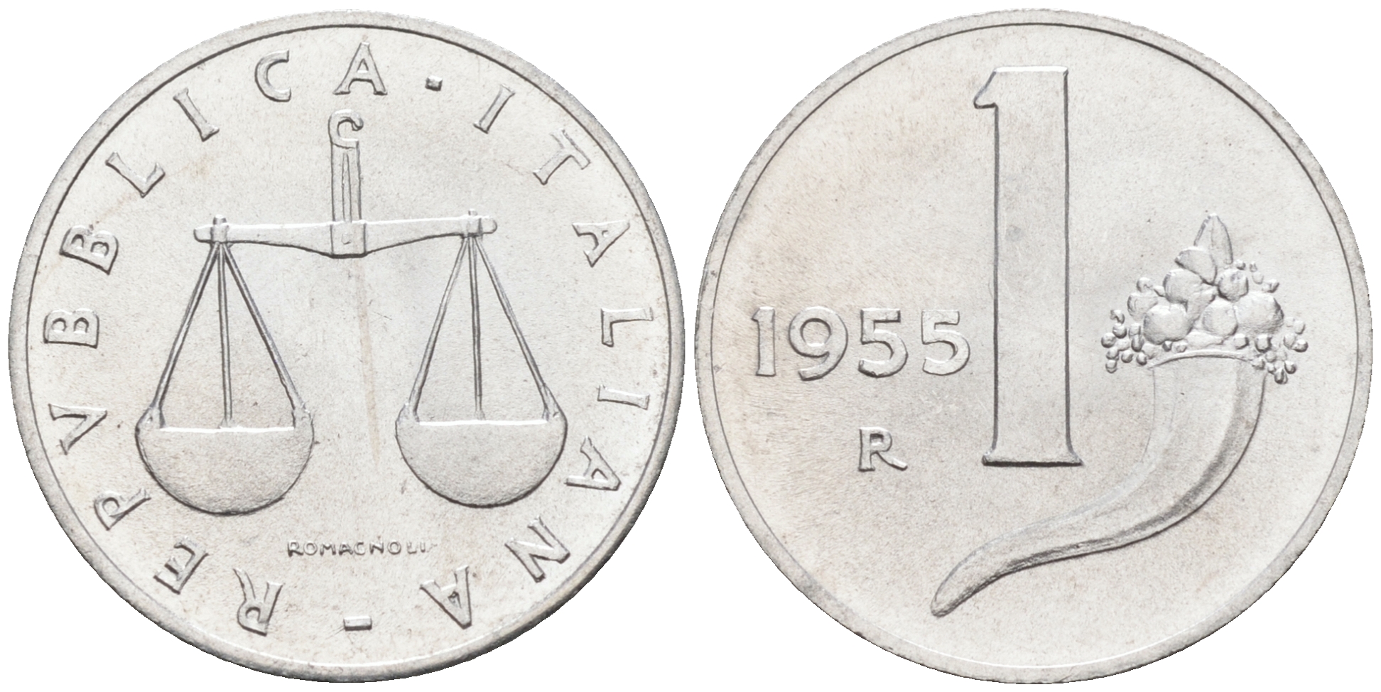 Италия 1 лира 1955 R, весы KM 91 алюминий  UNC  4594-643