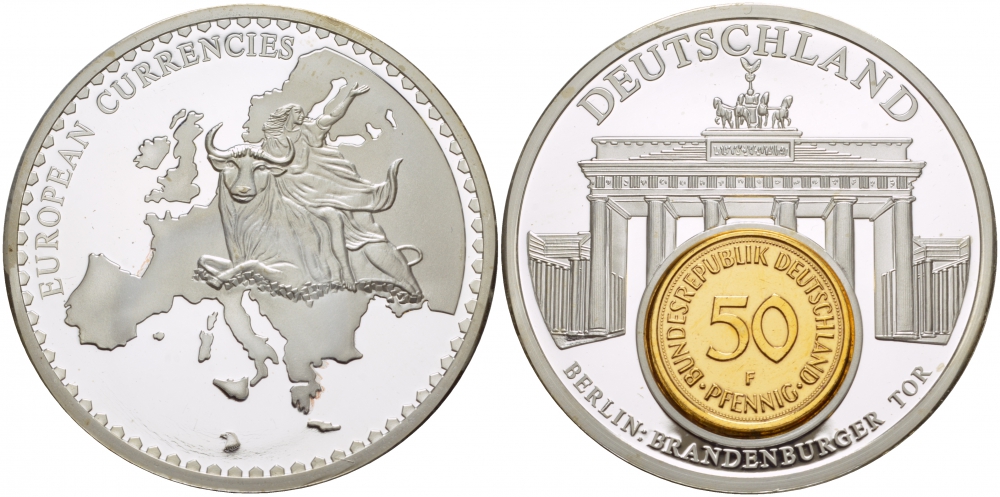 НИДЕРЛАНДЫ МЕДАЛЬ ND МОНЕТА НА МЕДАЛИ, СЕРИЯ ДОЕВРОВЫЕ ЕВРОПЕЙСКИЕ МОНЕТЫ, ГЕРМАНИЯ, 50 ПФЕННИГОВ, БРАНДЕНБУРГСКИЕ ВОРОТА серебрение PROOF 1090-2-11