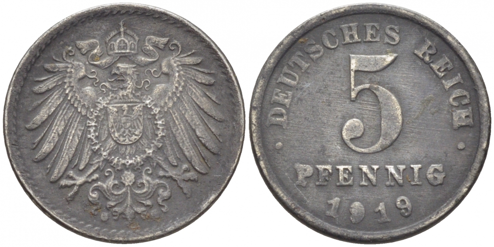 ГЕРМАНИЯ 5 ПФЕННИГОВ 1919 KM 19, J. 297 железо 112-1229