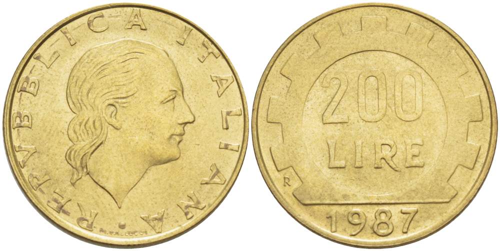 Италия 200 лир 1987 R, шестерня KM 105 алюминиевая бронза 4529-213