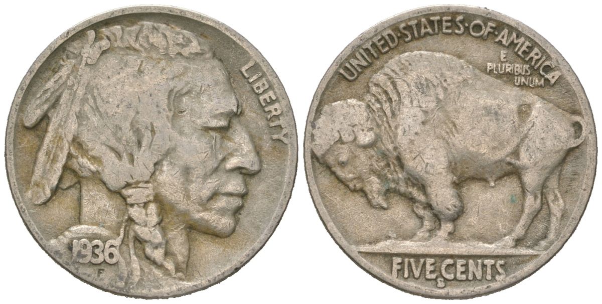 США 5 центов 1936 S, индеец, бизон KM 134 медно-никель 4614-1254