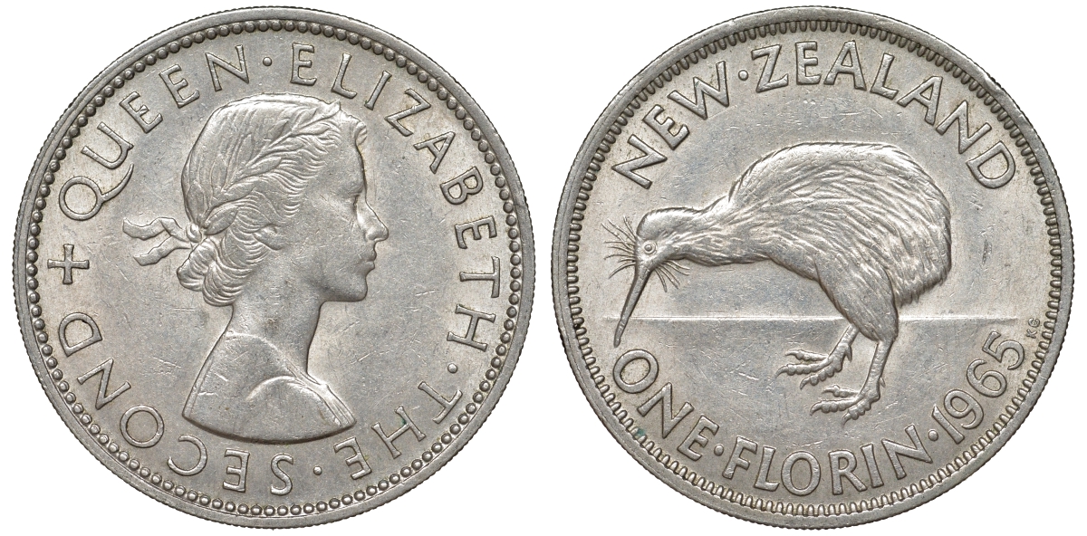 Новая Зеландия 1 флорин 1965 Елизавета II (1952-2022), птичка киви KM 28.2 медно-никель XF-UNC 51-524