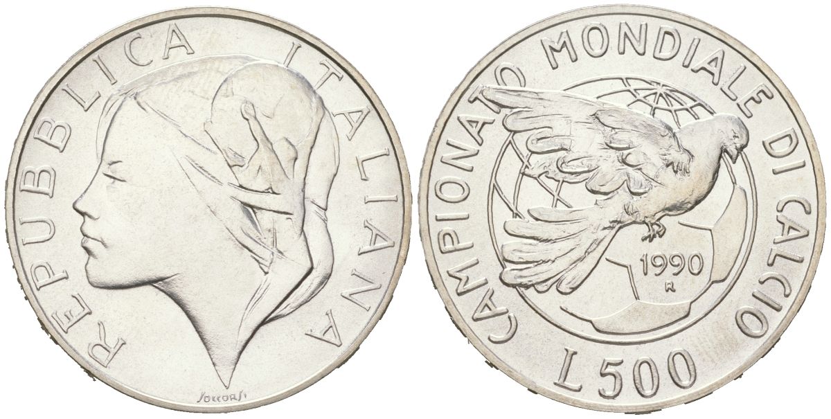 Италия 500 лир 1990 R, Чемпионат мира по футболу 1990 KM 136 серебро BU 4367-915