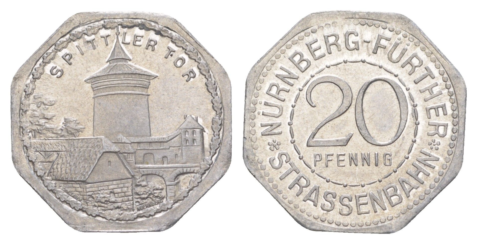 Нюрнберг трамвайный (транспортный) жетон в 20 пфеннигов ND (1920-1921) Ворота Шпиттлера Men05 19256.34, Men18 24102.34 алюминий UNC 3459-522