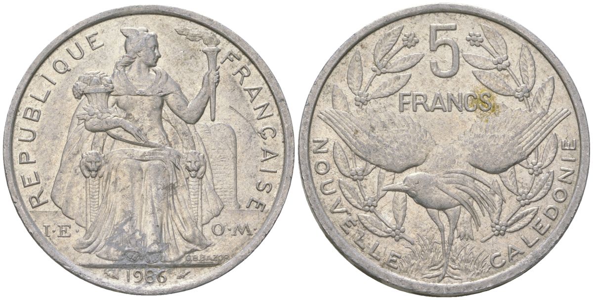 Французская Новая Каледония 5 франков 1986 птица кагу, (IEOM) KM 16, Schoen 12, Lec 76 алюминий 180-813