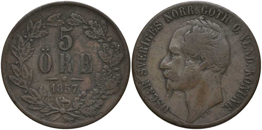 Швеция 5 эре 1857 Оскар I (1844-1859) KM 690 медь 180-721