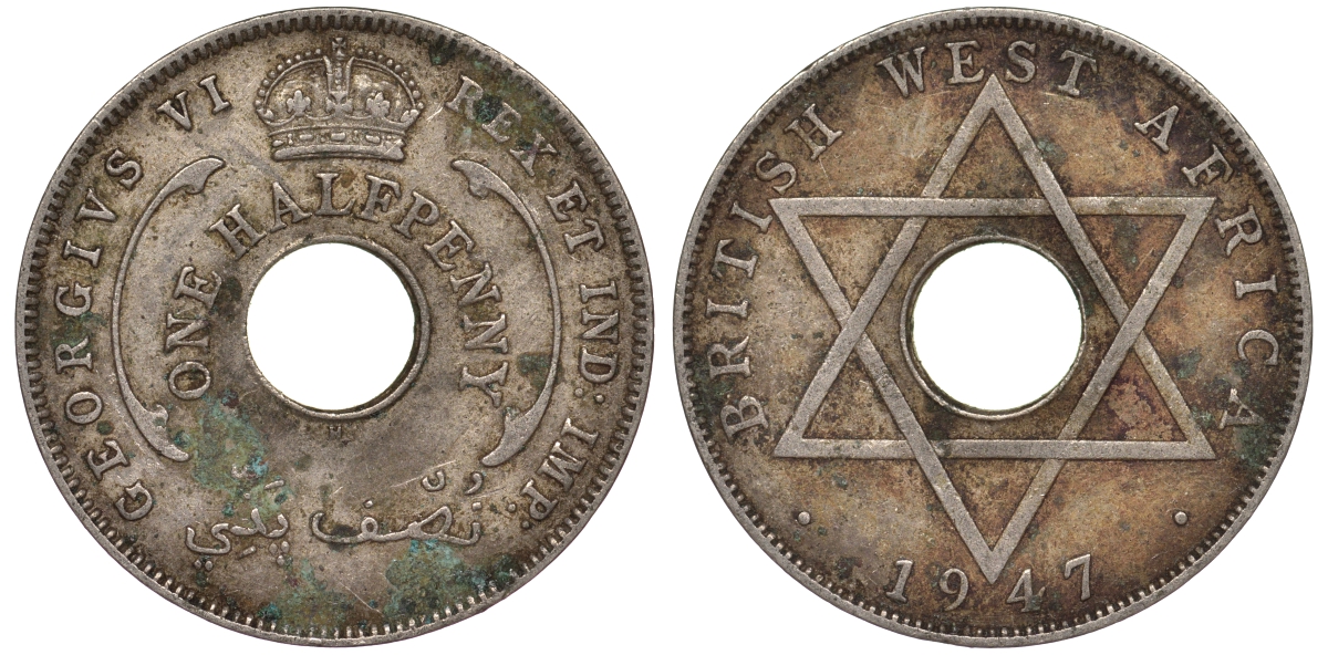 Британская Западная Африка 1/2 пенни 1947 H, Георг VI KM 18 медно-никель 25-2253