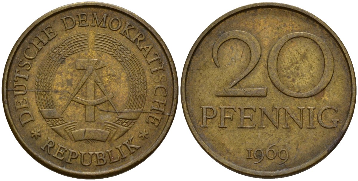 ГДР 20 пфеннигов 1969 A, первый год KM 11 латунь 92-441