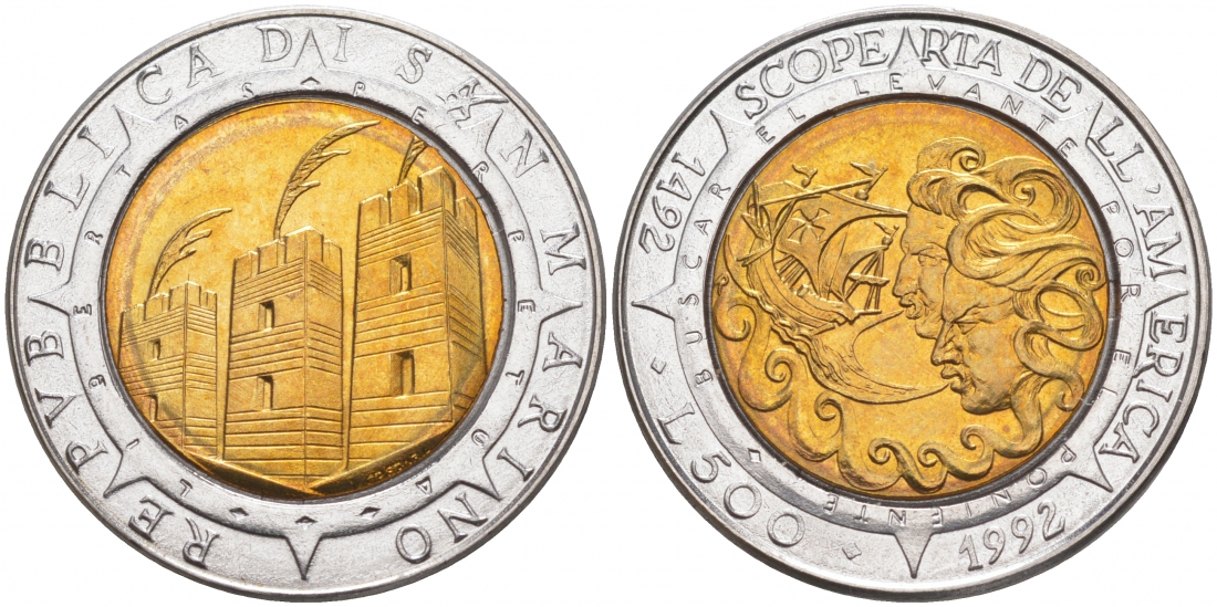 Сан-Марино 500 лир 1992 500 лет открытия Америки KM 286 биметалл UNC 58-1013 M2-18