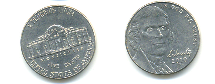 США 5 ЦЕНТОВ 2010 P ДЖЕФФЕРСОН KM 381 медно-никель 86-655