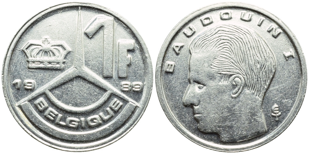 Бельгия 1 франк 1989 Belgique, Бодуэн I (1951-1993) KM 170 железо плакированное никелем 4392-863