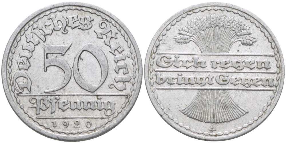 ГЕРМАНИЯ 50 ПФЕННИГОВ 1920 A KM 27, J. 301, Weege 10 алюминий 175-134