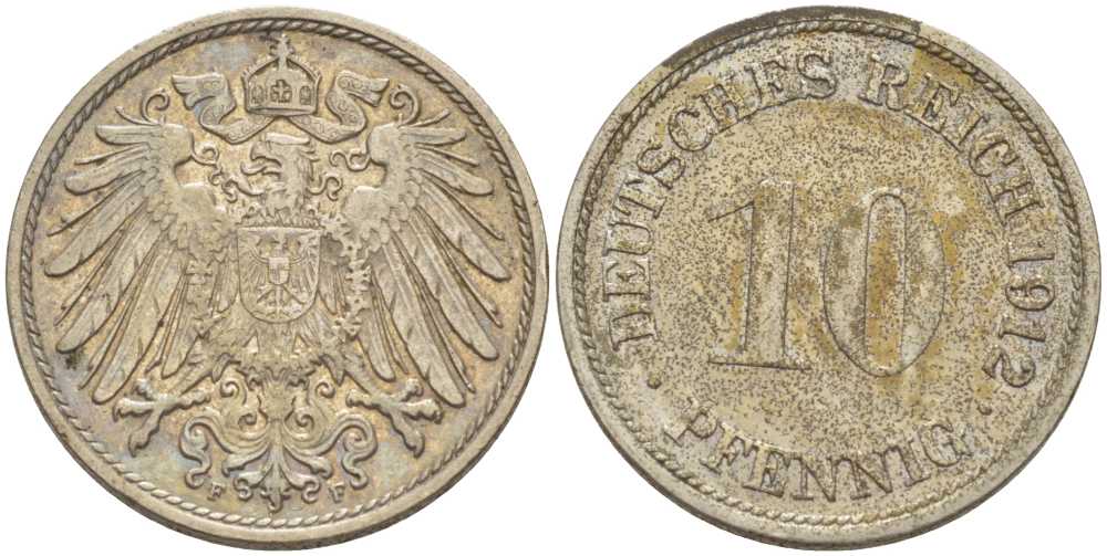 ГЕРМАНИЯ 10 ПФЕННИГОВ 1912 F KM 12, J. 13, Weege 8 медно-никель 212-211