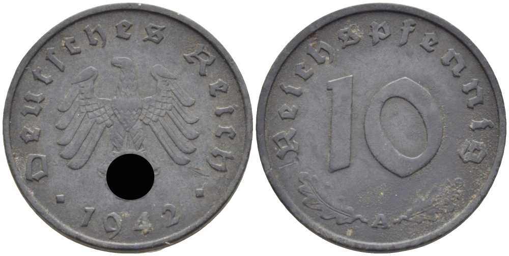 ГЕРМАНИЯ 10 РЕЙХСПФЕННИГОВ 1942 A KM 101, J. 371 цинк 4401-632