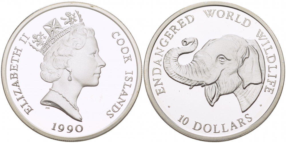 Острова Кука 10 долларов 1990 серия исчезающие виды животных, африканский слон KM 72 серебро PROOF 1082-3-44