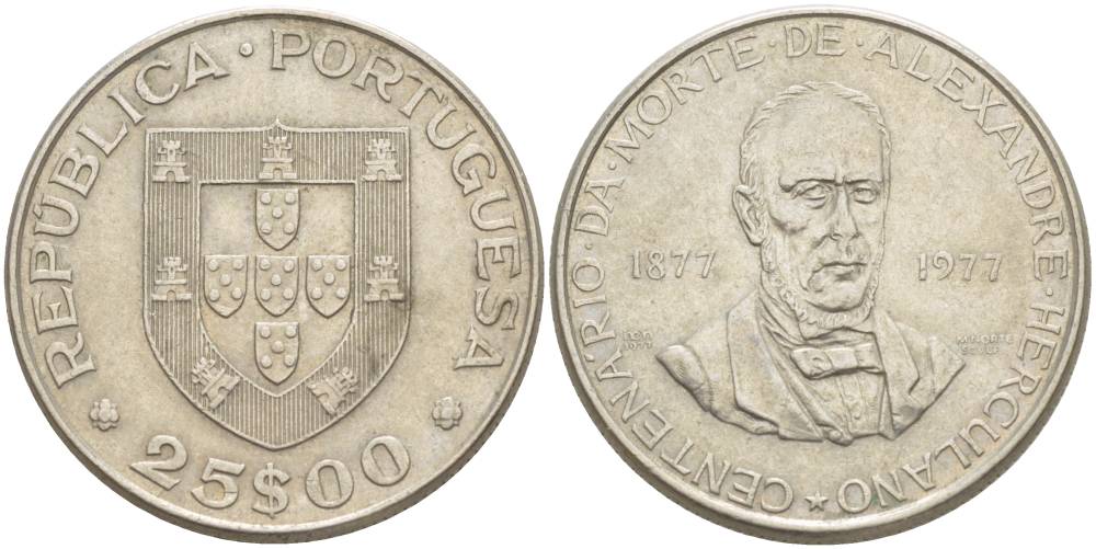 Португалия 25 эскудо 1977 100 лет со дня смерти Александро Геркулано KM 608 медно-никель 4542-824