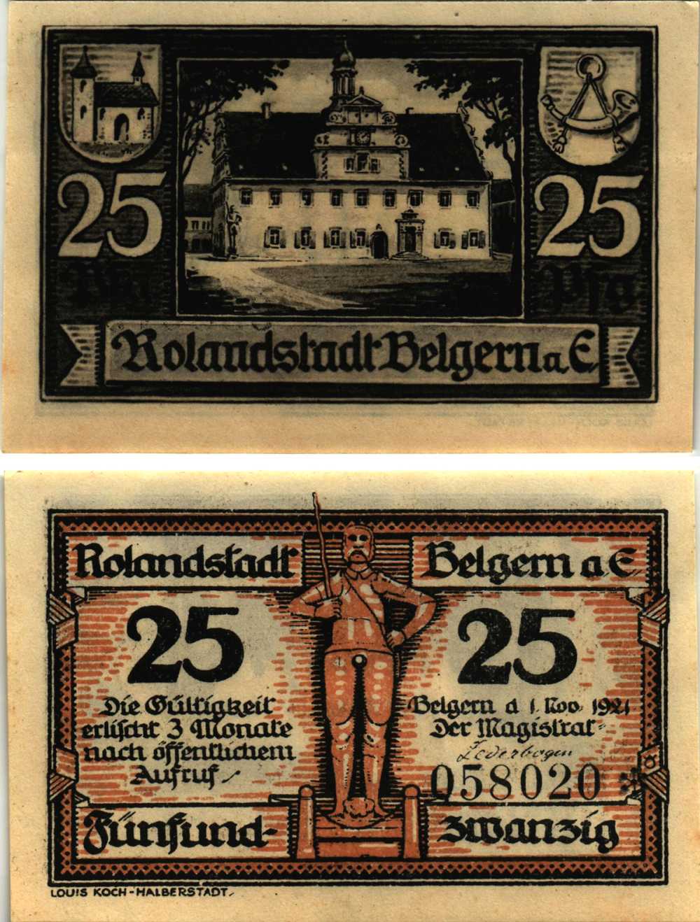 БЕЛЬГЕРН 25 ПФЕННИГОВ 1921 НОТГЕЛЬД, 1 НОЯБРЯ 1921, ЗЕМЛЯ САКСОНИЯ Grabowski 70.1 бумага 8608-8-3-1