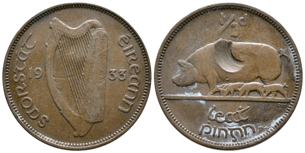 Ирландия 1/2 пенни 1933 свинья с поросятами KM 2 бронза 41-815