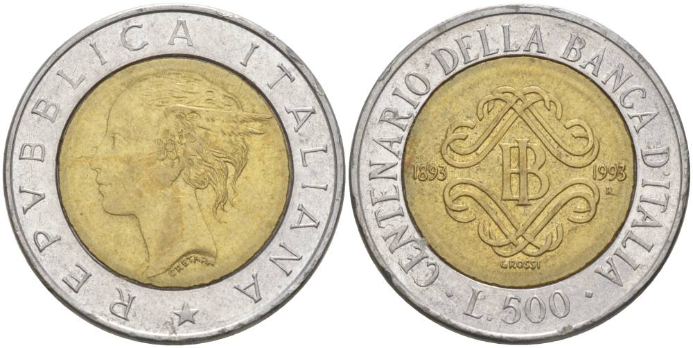 ИТАЛИЯ 500 ЛИР 1993 100 ЛЕТ БАНКУ ИТАЛИИ (1893-1993) KM 160 биметалл 4551-1141