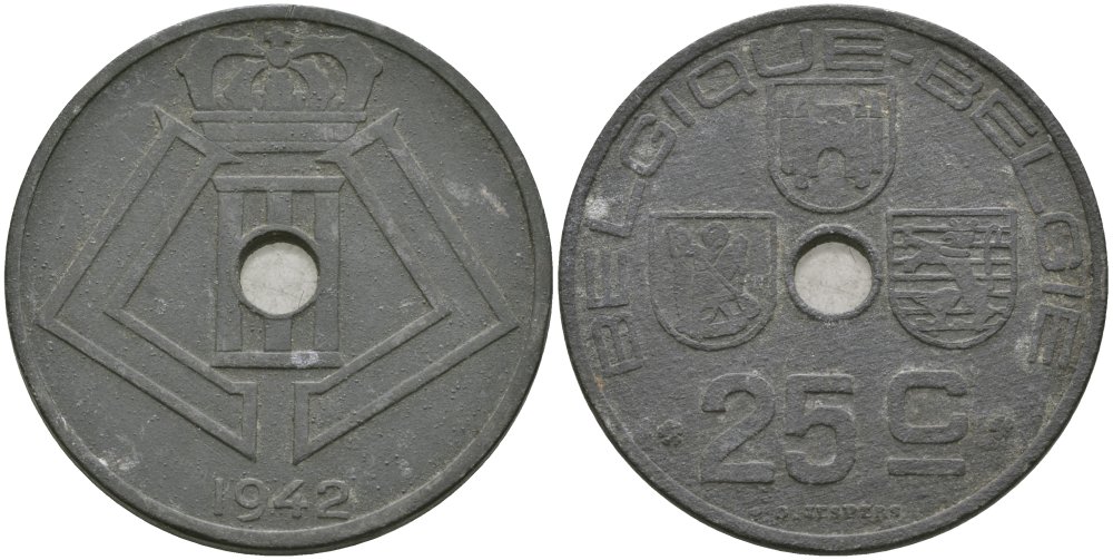 Бельгия 25 сантимов 1942 Belgique-Belgie, Леопольд III (1934-1947) KM 131 цинк 4579-245