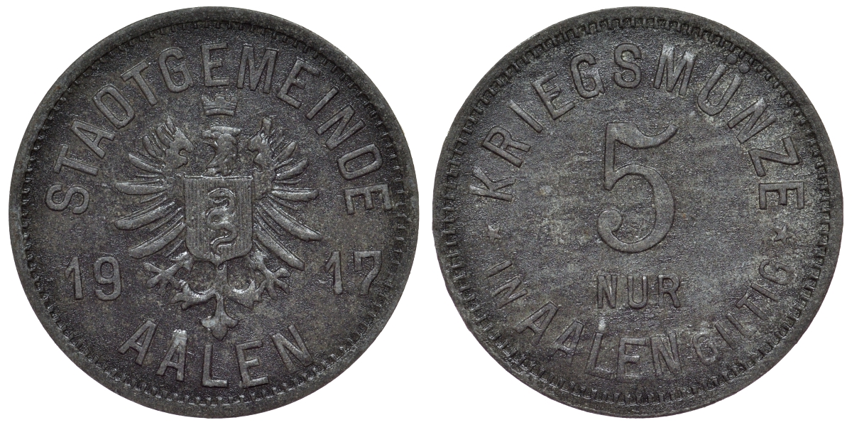 Германия, Аален 5 пфеннигов 1917 Баден-Вюртемберг, нотгельд Funck 2.1 железо 4118-1256