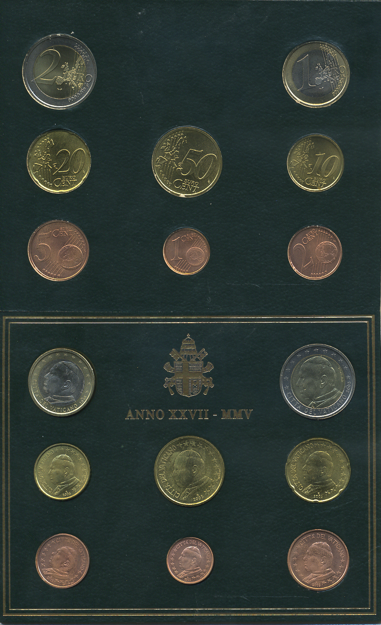 Ватикан евронабор из 8 монет 2005 Папа Иоанн Павел II, в оригинальном буклете KM MS 111 биметалл UNC 7-5-5-04