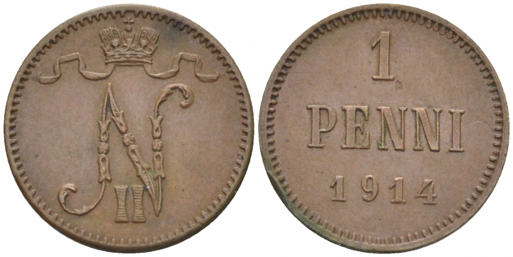 Россия для Финляндии 1 пенни 1914 Николай II (1894-1917) KM 13, Биткин 474 медь 261-1112