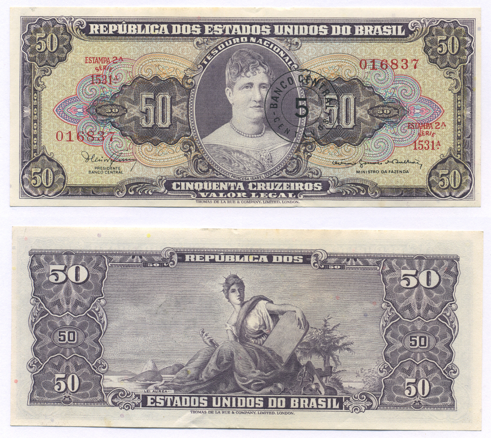 БРАЗИЛИЯ 5 СЕНТАВО 1967 НАДПЕЧАТКА НА 50 КРУЗЕЙРО, СЕРИЯ 1531 Pick 184b бумага аUNC 7116-12-2