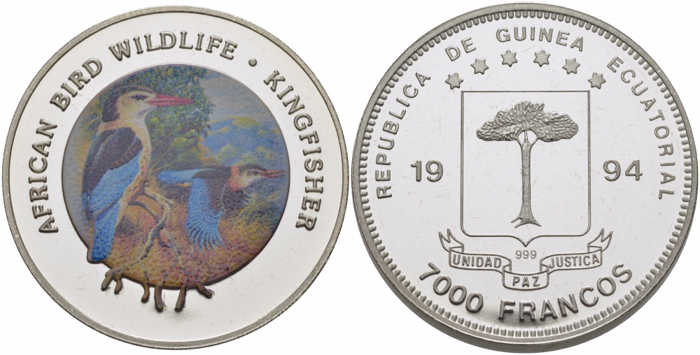 Экваториальная Гвинея 7000 франков 1994 серия защитим наш мир, обыкновенный зимородок, цветная эмаль KM 98 серебро PROOF 1077-1-44