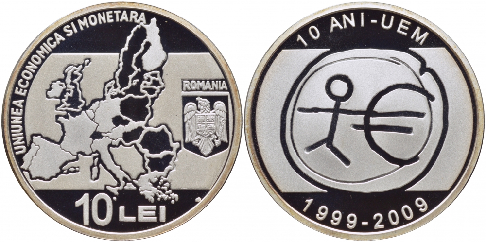 Румыния 10 леев 2009 10 лет единой валюте евро, тираж 1000 экземпляров KM NEW серебро PROOF 00-00